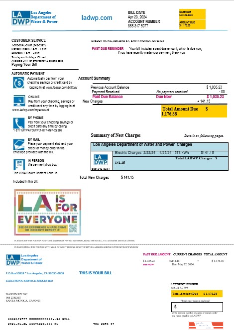 USA LA DWP business utility bill template in Word and PDF formats
